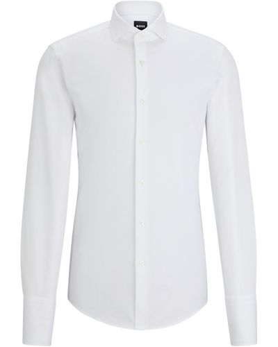 BOSS Slim-Fit Hemd aus strukturierter Baumwolle mit Cutaway-Kragen - Weiß