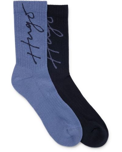 HUGO Two-pack Of Quarter-length Socks With Handwritten Logos - Blue