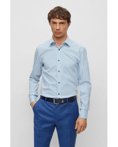 BOSS Slim-fit Shirt In Printed Stretch Cotton - Blue