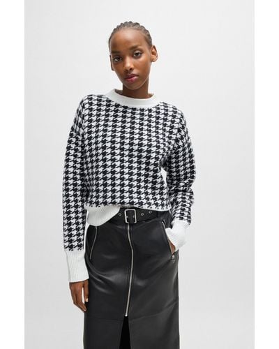 HUGO Cotton-blend Oversized-fit Jumper With Houndstooth Motif - White