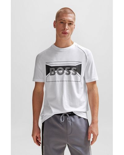 BOSS T-shirt Regular Fit en coton mélangé avec logo artistique - Blanc