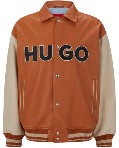 HUGO Luganos College-Jacke aus Leder im Colour-Block-Design mit Logo Orange L - Braun