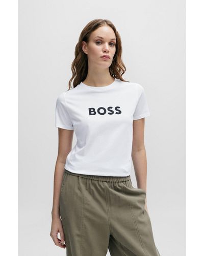 BOSS Camiseta regular fit de punto de algodón con logo en contraste - Blanco