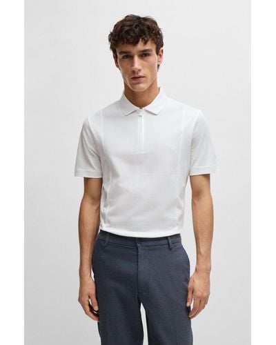 BOSS Zip-neck Polo Shirt In Stretch Cotton - White