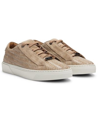 BOSS Gary Italian-made Woven Trainers In Leather And Suede - Natural
