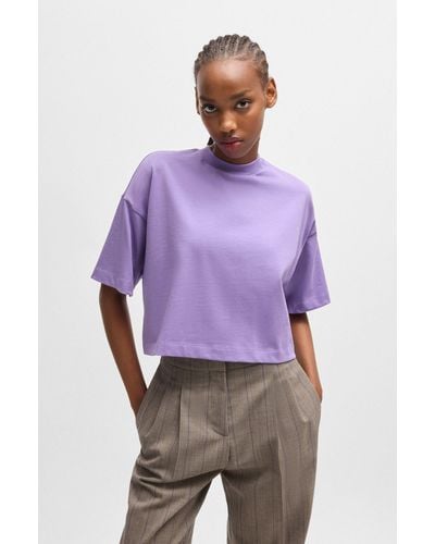 HUGO Cotton-jersey Relaxed-fit Cropped T-shirt With Stacked Logo - Purple