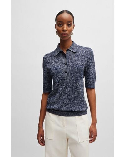 BOSS Linen-blend Sweater With Polo Collar - Blue