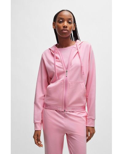 HUGO Cotton-blend Zip-up Hoodie With Logo Waistband - Pink