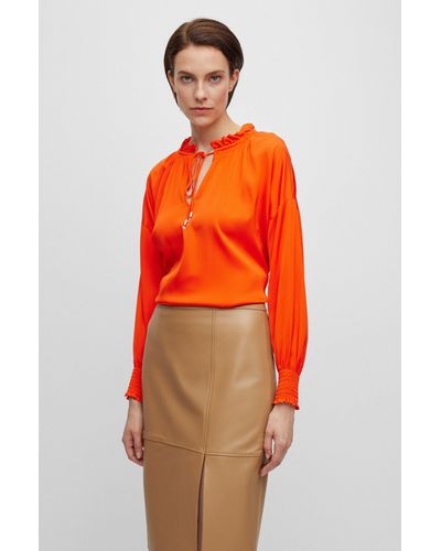 BOSS Relaxed-fit Blouse In Stretch Silk With Tie Front - Orange