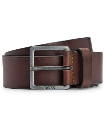 BOSS Leather Belt With Logo-engraved Buckle - Brown