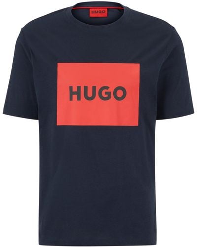 HUGO Regular-fit T-shirt Van Katoenen Jersey Met Logoprint - Blauw