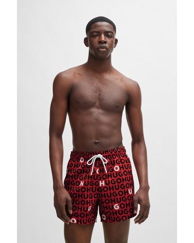 HUGO Recycled-material Swim Shorts With Logo Print - Red