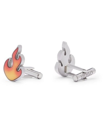 HUGO Stainless-steel Cufflinks With Flame Artwork Head - White