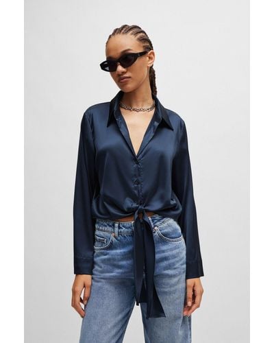 HUGO Relaxed-fit Blouse In Stretch Satin With Knot Detail - Blue
