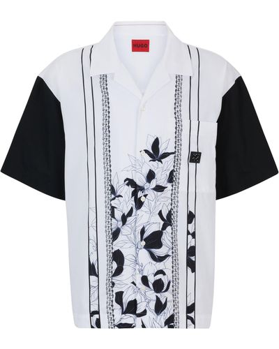 HUGO Oversized Hemd aus Baumwolle mit Blumen- und Ketten-Print - Weiß
