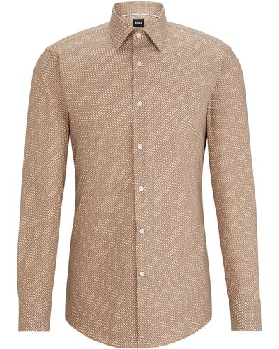 BOSS Slim-Fit Hemd aus elastischer Baumwoll-Popeline mit Monogramm-Print - Natur