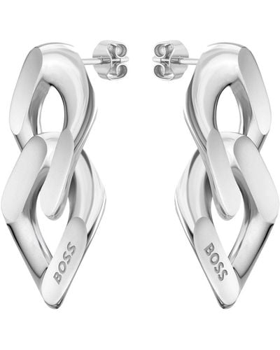 BOSS Silver-tone Earrings With Angled Branded Links - White