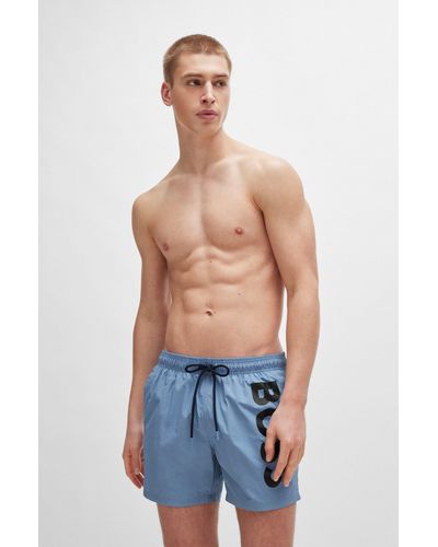 BOSS Vertical-logo-print Swim Shorts In Quick-dry Poplin - Blue