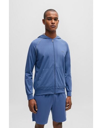 BOSS Zip-up Hoodie In Stretch Cotton With Embroidered Logo - Blue