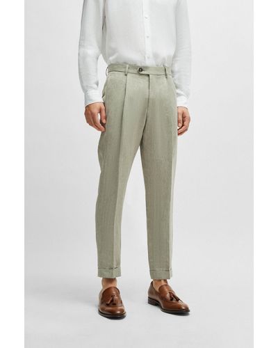 BOSS Relaxed-fit Trousers In Herringbone Linen And Silk - Multicolour