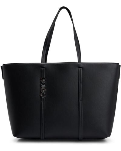 BOSS by HUGO BOSS Shopper Bag In Faux Leather With Polished Logo Lettering - Black