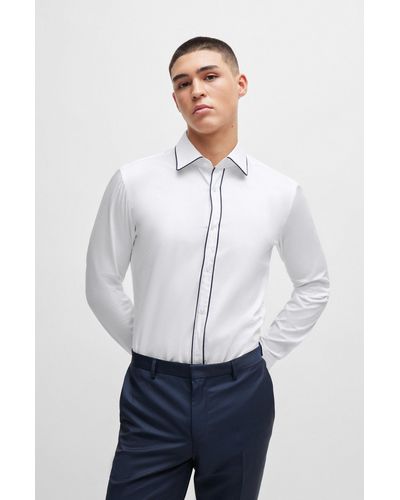 HUGO Slim-fit Shirt In Stretch-cotton Satin With Piping - White