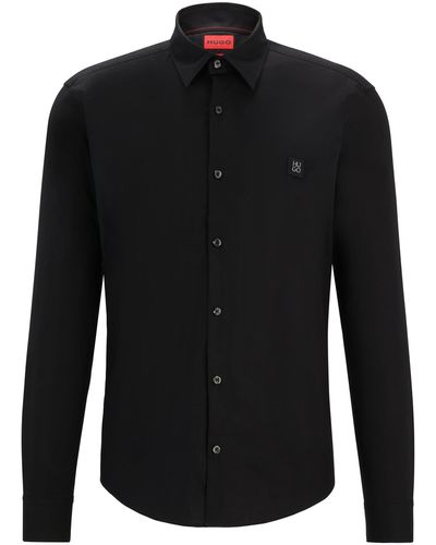 HUGO Slim-fit Shirt In Stretch Cotton With Stacked Logo - Black
