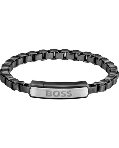 BOSS Bracelet en acier noir avec chaîne à maillons cubes et fermoir logoté - Multicolore