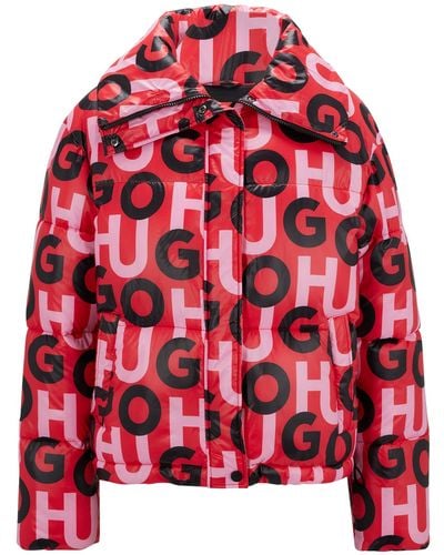 HUGO High-shine Stacked-logo Puffer Jacket With Oversized Collar - Red