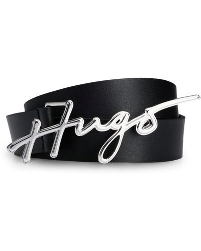 HUGO Italian-leather Belt With Handwritten-logo Buckle - Black