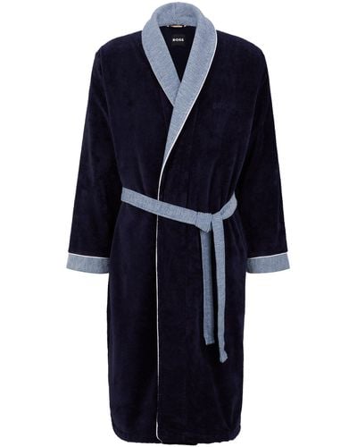 BOSS Navy Cotton-velvet Dressing Gown With Embroidered Logo - Blue