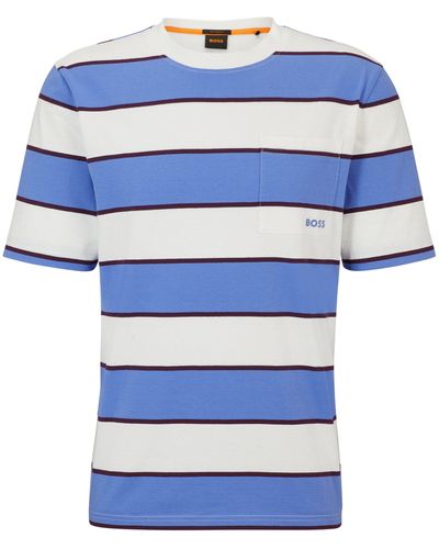 BOSS T-shirt Van Katoenen Jersey Met Blokstrepen - Blauw