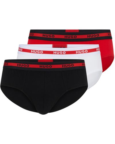 HUGO Lot de trois slips en coton stretch avec logos à la taille - Rouge