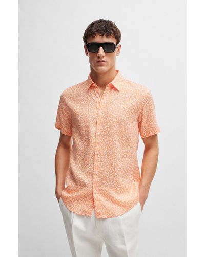 BOSS Slim-fit Shirt In Printed Stretch-linen Chambray - Pink