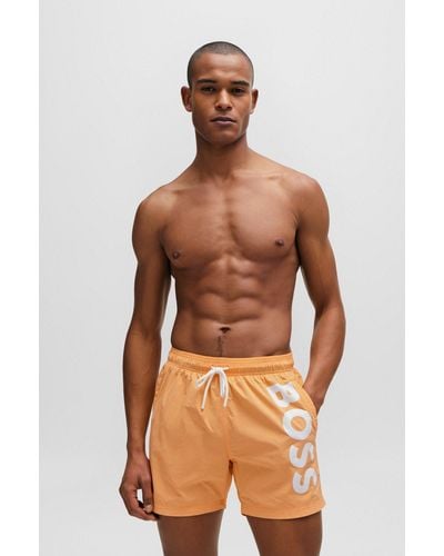 BOSS Vertical-logo-print Swim Shorts In Quick-dry Poplin - Orange