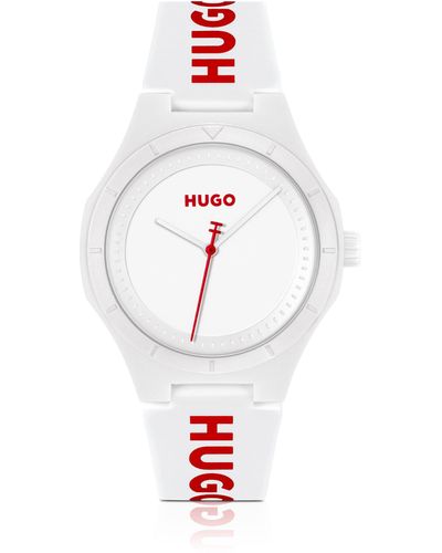 HUGO Mattweiße Uhr mit Logo auf dem Silikonarmband