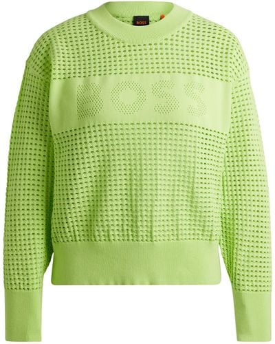 BOSS Pullover mit weitmaschigem Strickmuster und Logo-Detail - Grün