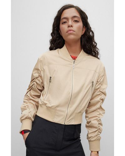 HUGO Cropped Satin Bomber Jacket With Ruched Sleeves - Natural