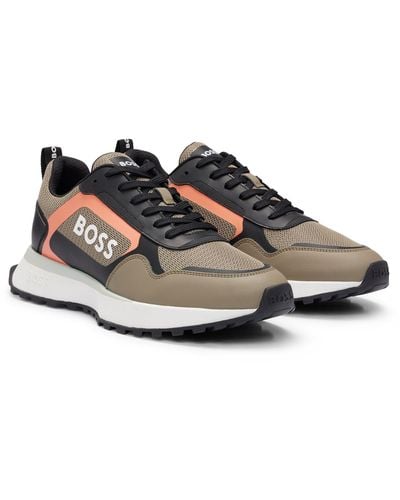 BOSS Mixed-material Lace-up Trainers With Faux Leather - Natural