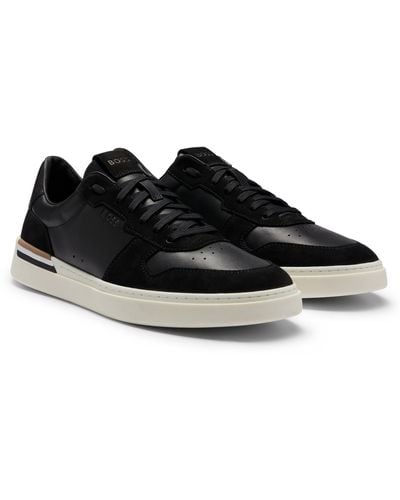 BOSS Cupsole Lace-up Sneakers In Leather And Suede - Black