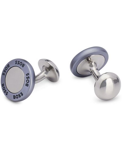 BOSS Round Brass Cufflinks With Logo-etched Aluminum Ring - Gray