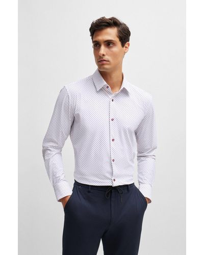 BOSS Slim-fit Shirt In Printed Performance-stretch Material - White