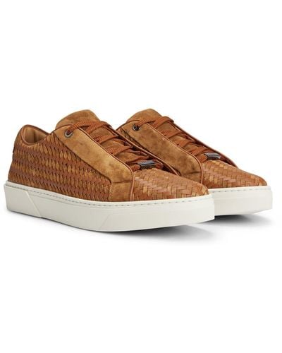 BOSS Gary Italian-made Woven Trainers In Leather And Suede - Brown