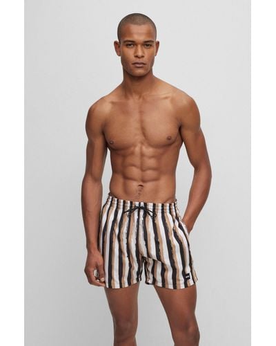 BOSS Striped Swim Shorts In Quick-drying Fabric - Natural