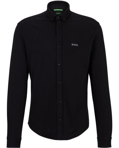 BOSS Regular-fit Overhemd Van Gebreide Katoenpiqué - Zwart