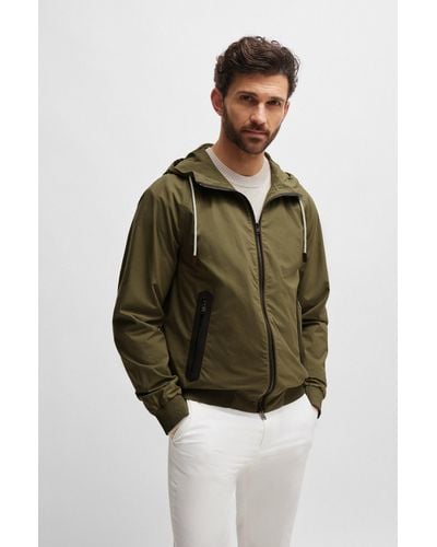 BOSS Cotton-poplin Hooded Jacket With Faux-leather Trims - Green