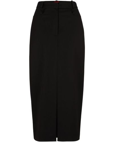 HUGO Maxi Skirt With High Front Slit In Stretch Fabric - Black