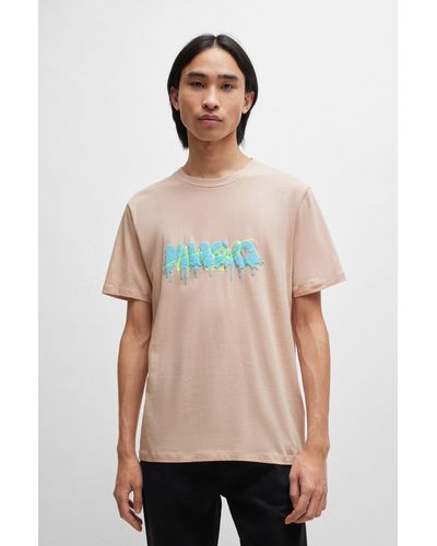 HUGO Cotton-jersey T-shirt With Double Logo - Natural