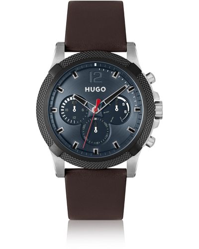 HUGO Multi-eye Watch With Brown Leather Strap - Blue