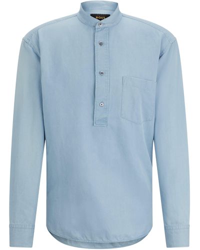 BOSS Regular-Fit Popover-Hemd aus Leinen und Baumwolle - Blau
